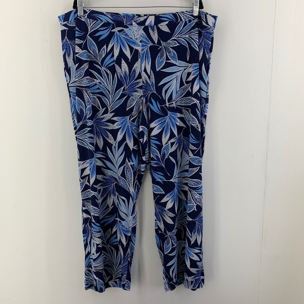 Southern Lady Blue Tropical Leaf Print Pull On Crop Pants 3X Coastal Boho Slinky